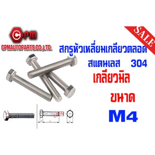 สกรูหัวเหลี่ยมเกลียวตลอดสแตนเลนเลส 304 มิล-M4