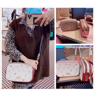 แท้💯%กระเป๋าสะพายข้าง Coach JES CROSSBODY IN SIGNATURE CANVAS WITH HEART FLORAL PRINT C3239 2835ลายซี สีน้ำตาล ลาย