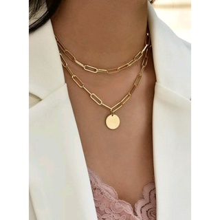 สร้อยคอแฟชั่น สร้อยคอโซ่ 2 ชั้น จี้กลม สีทอง Round Charm Layered Necklace (ส่งจากไทย)