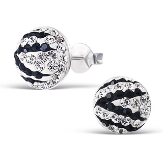 SILVER THAI 925 Sterling silver half ball crystal ear stud Es Zebr เครื่องประดับเงินแท้ต่างหูเม็ดบอลสีขาวดำ