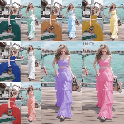 MF11417 Set 2 ชิ้น เสื้อเกาะอกแบบผูกโบว์หลัง + กางเกงขาระบายยาว สีพื้น งานแต่งระบายเป็นชั้นๆ เนื้อผ้าโฟร์เวย์เบาๆ เอว