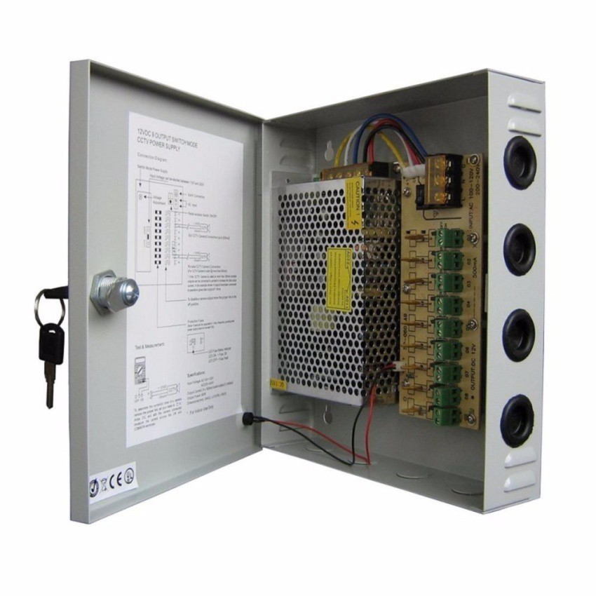 กล่องรวมไฟ 9 Ch. 12V 10A สำหรับกล้องวงจรปิด 4-6 จุด ไม่ต้องใช้ อแดปเตอร์ Switching Power Supply (Gre