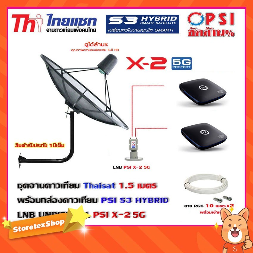 Thaisat C-Band 1.5 เมตร (ขา53cm. ยึดผนัง) + LNB PSI X-2 5G + กล่องPSI S3 2 กล่อง พร้อม สาย 10m.x2