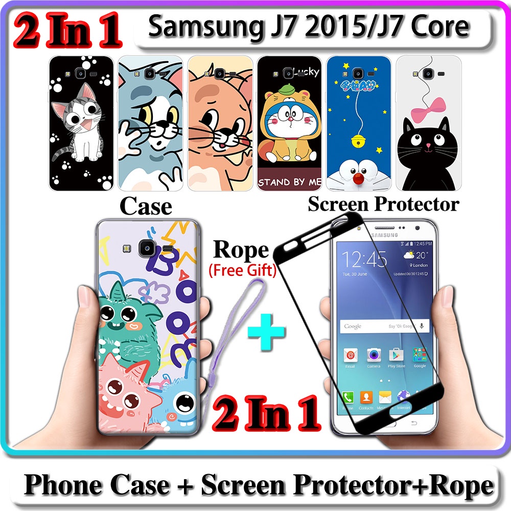 2 IN 1 เคส Samsung J7 2015 J7 Core เคส พร้อมกระจกนิรภัย โค้ง เซรามิค ป้องกันหน้าจอ แมว และโดราเอมอน