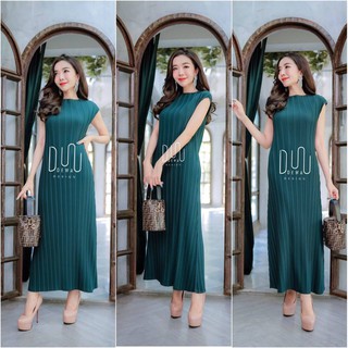 พร้อมส่ง!! Maxi Dress Pleat เดรสยาวแขนล้ำ ผ้าไหมอิตาลีอัดพลีท