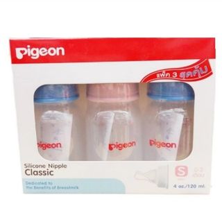 ขวดนมพีเจ้น PIGEON KPP 4ออนซ์ พร้อมจุกนมคลาสสิกไซส์S (แพ็ค3 ขวดคละสี)