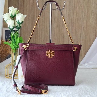 🎀 (สด-ผ่อน) กระเป๋าสีสีแดง Claret 82303 Tory Burch Britten Mini Tote Bag  Pebbled Leather  Center Zip Comp