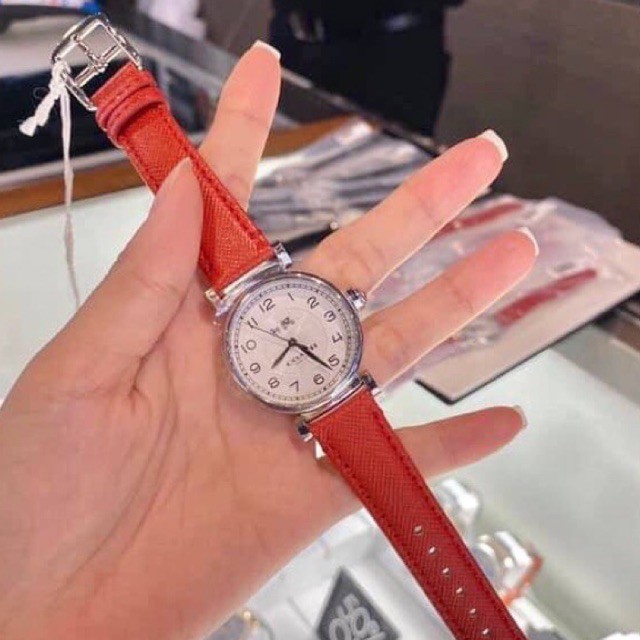 (ผ่อน0%) นาฬิกา COACH Women's Madison Fashion Watch Quartz Mineral Crystal สายหนังสีแดง