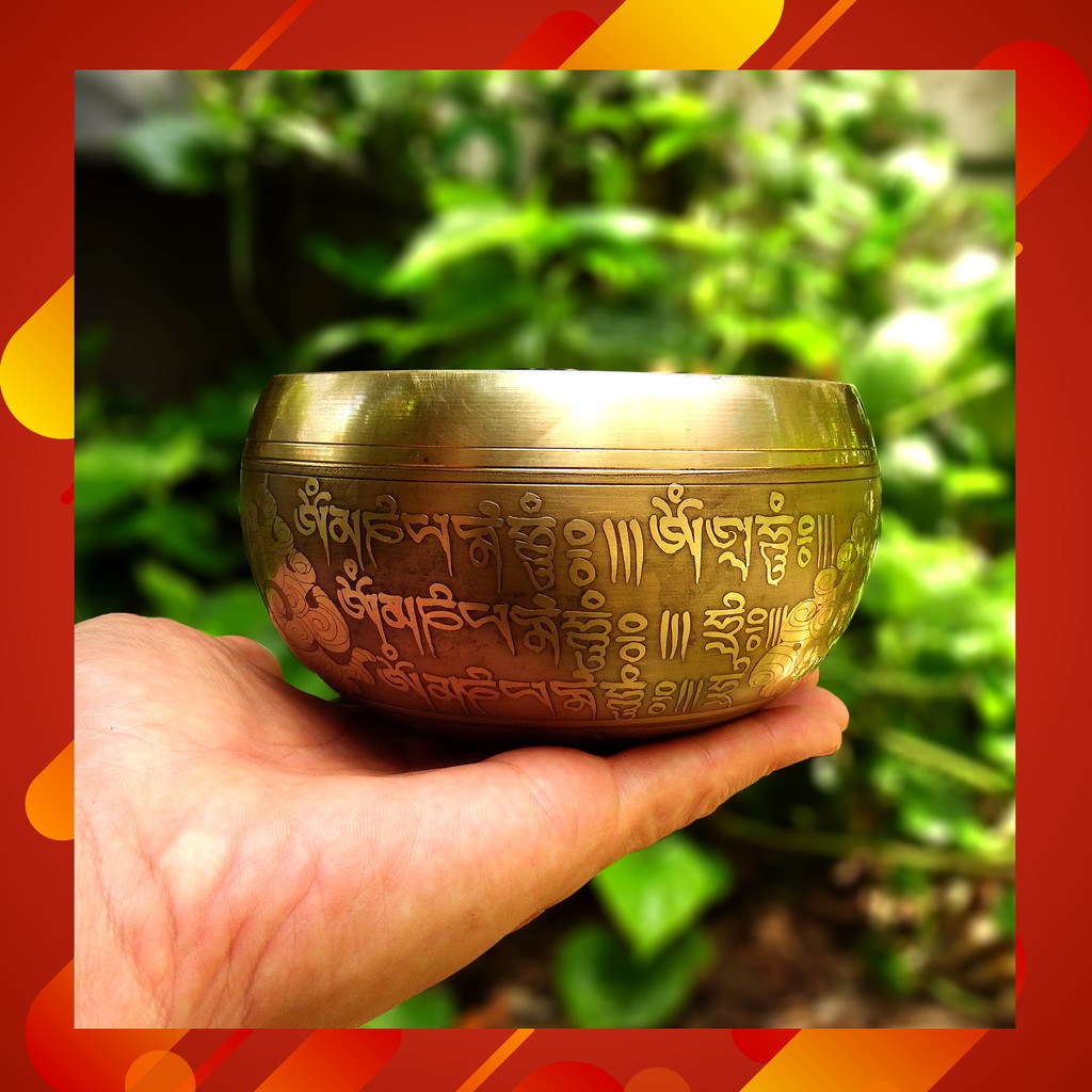 ขันทิเบต Tibetan Singing Bowl (ทองเหลือง) แกะสลักบทสวดหัวใจพระสูตร เสริมมงคลผู้บูชา ขนาด 10.5