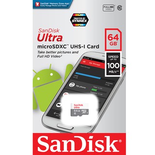 Sandisk MicroSD Card Class10 64GB 100mb/s (SDSQUNR-064G-GN3MN) Memory ใส่ โทรศัพท์ มือถือ กล้องวงจรปิด กล้องติดรถยนต์