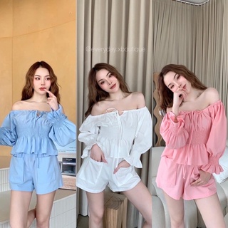 Dolly set🎀☁️💙(430฿ฟรีส่ง) หูยยย..น่ารักเกินปุยมุ้ยยยยย?!! ชุดเซ็ตเสื้อเปิดไหล่ แต่งโบว์หน้า ดีเทลเอวสม็อค แขนจั๊มตุ๊กตา