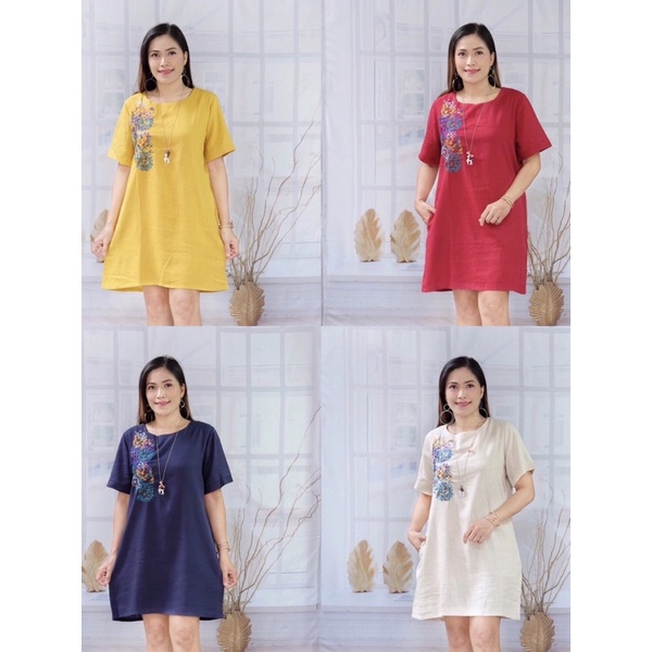 ✨ 🌸B 899 Dress Linen  ปักดอกข้าง✨💥