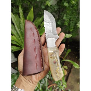 มีดดามัสกัส Damascus knife มีดใบตาย มีดเดินป่า ของแท้ งาน handmade ด้ามเขาแกะ พร้อมซองหนังแท้