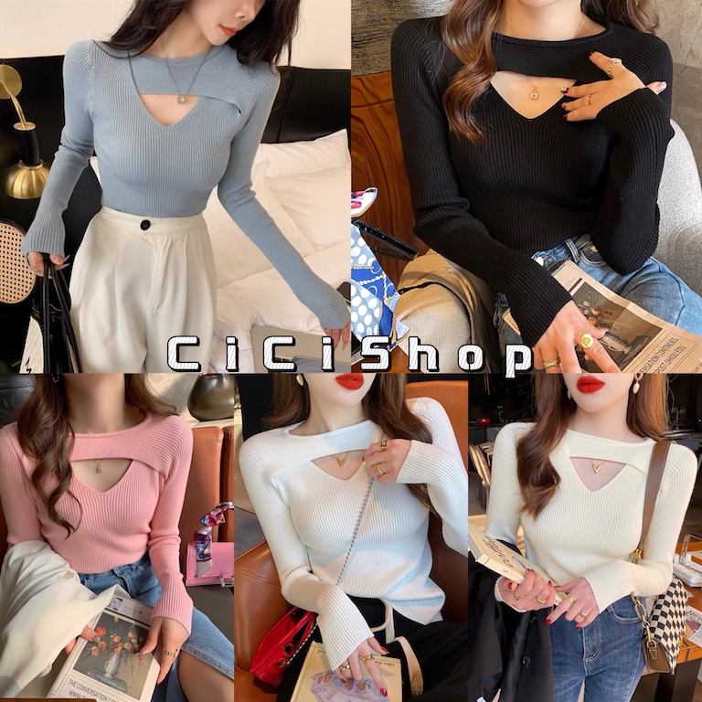 Cicishop(SALE/สุ่มสี  Y133)เสื้อไหมพรมแขนยาว คอวีผ้าร่อง ดีเทลสายคาดอกสวยมาก เรียบๆแต่ดูเก๋มากกทรงดีย์