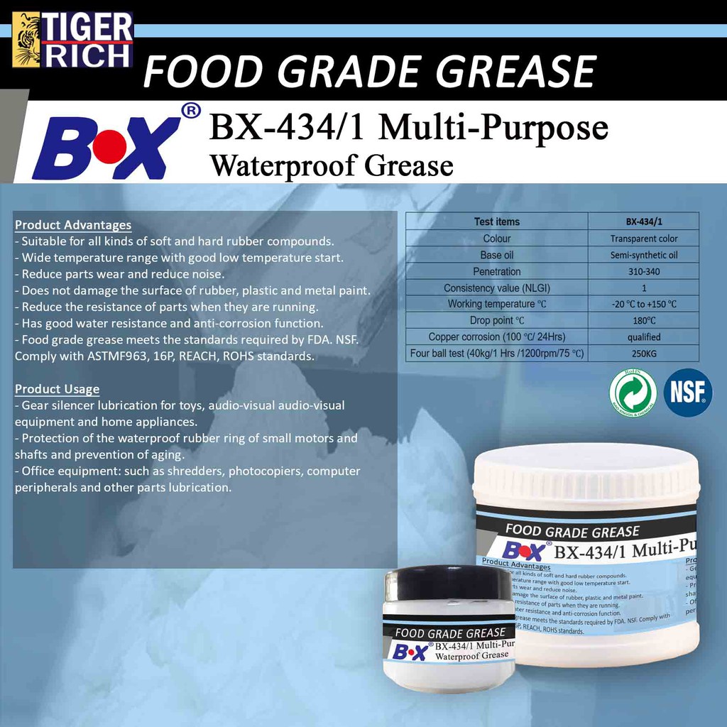 จาระบีฟู้ดเกรดสีใสไม่ทำลายพื้นผิวของยางพลาสติกและโลหะ รุ่น BX-434 สีขาว ทนความร้อนถึง 180°C