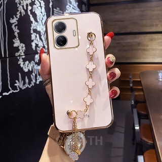 New เคสโทรศัพท์ Vivo T1 5G T1X 4G V23 V23E Y76 Y33T Y21T Y21 Y21s Y33S X80 Pro 5G Fashion TPU Silicone Electroplating with Clover Bracelet Soft Case Cover Camera Lens เคส VIVOT1