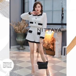 NITTAYA set เสื้อเเขนยาวขาวผ้าทวิส+กางเกงขาสั้น