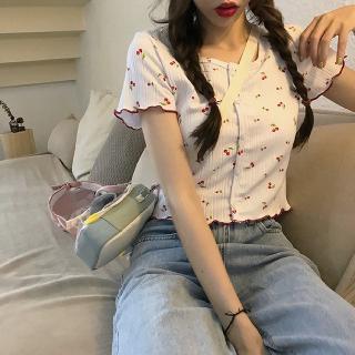 Small cherry knitted short sleeve top 2020 summer new round neck breasted ear edge slim short T-shirt