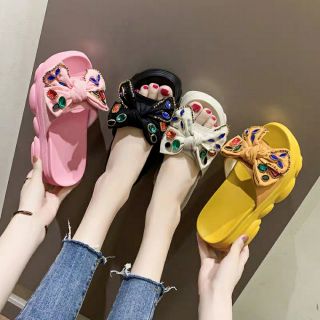 🌟พร้อมส่ง🌟 Sale~  ชมพู 35 เหลือง 35,39 รองเท้าแตะส้นสูง 9 cm แต่งโบว์ (1012)