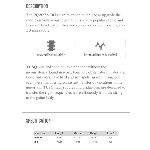 หย่อง แซดเดิ้ล Graphtech TUSQ ACOUSTIC SADDLE COMPENSATED 72X3MM (PQ