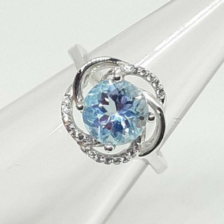 แหวน บลูโทพาส Blue Topaz พลอยแท้ เจียรไน ทรงกลม ขนาด 7 มม.ตัวเรือนเงิน 925 ขนาด 54