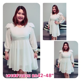 Plus Size อก48”ชุดเดรสชีฟองผ่าแขน แต่งโบว์ที่บ่า มีเชือกผูกหลังเก็บทรง