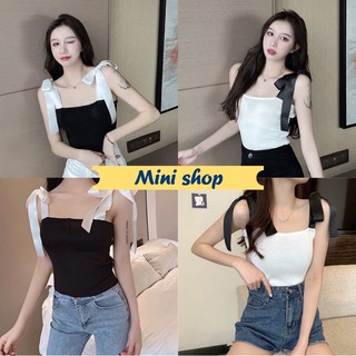 Mini Shop🌸 พร้อมส่ง(98038) สายเดี่ยวแบบผูกโบว์ตรงไหล่ สไตล์เกาหลีทรงเกาะอกเซ็กซี่