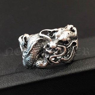 แหวนเงินแท้มังกรลายฉลุ รมดำ Sterling Silver 925 NSRG2328