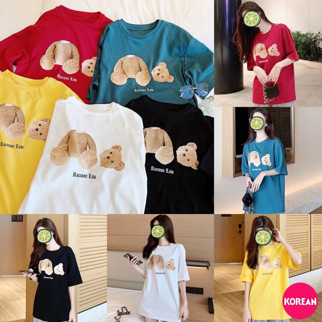 Korean Fashion เสื้อยืดโอเวอร์ไซส์ สกรีนลายตุ๊กตาหมีหัวหลุด 5 สี ดำ แดง เหลือง ขาว ฟ้าเข้ม