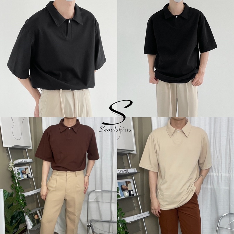 SEOULSHIRTS COLLECTION พร้อมส่ง เสื้อคอปกแขนสั้น มีกระดุม ทรงโอเวอไซส์สไตล์เกาหลี สีเอิร์ธโทน ลุคมินิมอล เรียบหรู C12