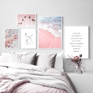 โปสเตอร์ภาพวาดผ้าใบรูปชายหาดสีชมพูสําหรับตกแต่งบ้าน
