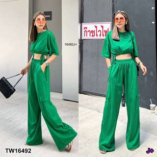 TW16492 Cropped Waist Cargo Pants Set เซทเสื้อครอปแขนสั้น รูดเชือกใต้อก ทรง oversize เข้าชุดกับกางเกงขายาวทรงคาร์โก้