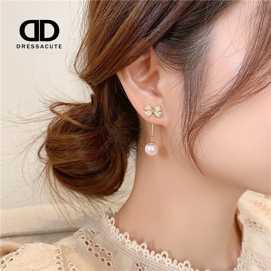 E13 โบว์ตุ้มมุก ต่างหู ตุ้มหู แบบตุ้งติ้ง หรูหรา ไปงานแต่ง ออกงาน เครื่องประดับแฟชั่น