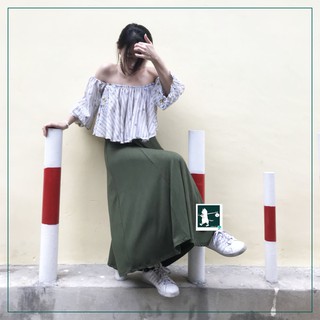 RINLIN กระโปรงยาวใส่ทำงาน ออฟฟิศ เที่ยว ยางยืด สีเขียว ทหาร ผ้านุ่ม Women Maxi Long Army Green Wedding Officewear Skirt