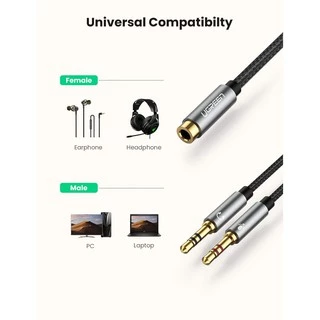 UGREEN รุ่น AV140 สายAUX3.5 Splitter แยกเสียงและไมค์ AUX3.5 Female to 2 Male สายยาว 20cm