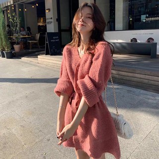 พร้อมส่ง*ชุดเดรสไหมพรมฟรีไซส์สไตล์เกาหลี