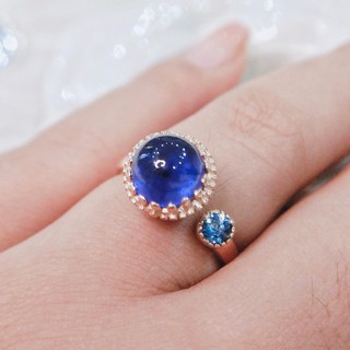 เเหวนพลอยเเท้ ไพลินBlue Sapp 3.17ct+บลูโทพาล ตัวเรือนเงินเเท้ชุบโรสโกลด์  Size50  มีใบรับประกัน