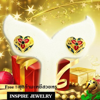 INSPIRE JEWELRY ต่างหูทองลงยา ขาปักก้าน  งานจิวเวลลี่แบบร้านทอง พร้อมกล่องทองกลมสีแดง