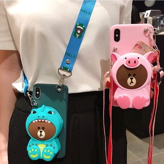 เคสโทรศัพท์ For Xiaomi Mi 8 9 SE 11T 10 10T Pro 10 Lite POCO M3 X3 NFC Redmi Note10 Pro Note10S Cartoon Soft TPU Coin Back Cover Cute 3D Dinosaur Bear Pink Pig Wallet Bags Phone Case With Lanyard