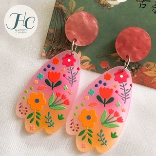 ต่างหูเรซิ่น เพ้นท์ลายดอกไม้ สีชมพู น้ำหนักเบา earrings