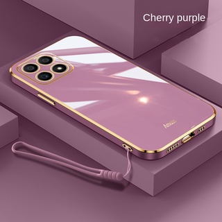 Honor X6 X6s X8a X7a X9 X8 X7 ขอบสี่เหลี่ยม หรูหรา ชุบ ด้านหลัง TPU เคสนิ่ม พร้อมสายคล้อง เคสเคลือบเงา