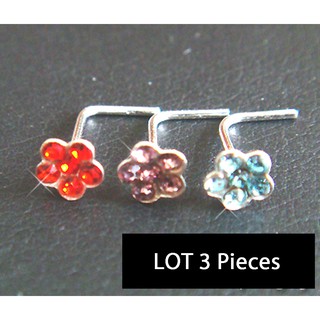 SALE จิวจมูก 3 ชิ้น งานเงิน ก้านหนา 18g 1 มิล ลายดอกไม้ หลากสี