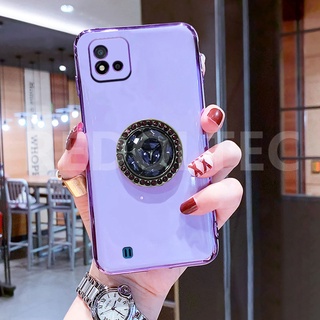 6D เคส Realme C11 2021 / Realme C20 ป้องกันเลนส์หรูหราซิลิโคนอ่อนเคสโทรศัพท์พร้อมที่วางขาตั้งเพชร