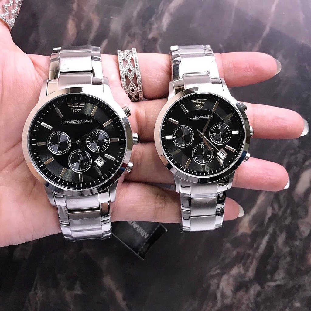 นาฬิกาข้อมือสำหรับผู้หญิง และ ผู้ชาย Emporio Armani classic black dial chronograph watch