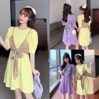 มินิเดรส‼️พร้อมส่ง 💜🌼New korea design🌼💜 -Bow flower dress- สินค้านำเข้า พร้อมส่ง ชุดเซ็ต2ชิ้น มินิเดรสแขนเย็บย