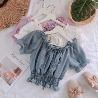 เสื้อครอปเลดี้ปราง ผ้ามันสีพาสเทล