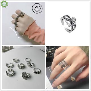 Cod Qipin 1pc Smiley Chain Letter Double Ring Unisex Personality Retro Opening Adjustable Couple Ring Gifts