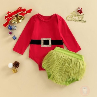 LAA6-Baby Girls Christmas Romper Set, Long Sleeve Patchwork Romper with Elastic Waist Furry Shorts