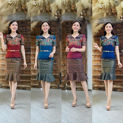 🔥SALE 🔥เดรสฝ้ายหมักโคลนพิมลาย คอเหลี่ยม แต่งระบายหางปลา (S-2XL) KS311