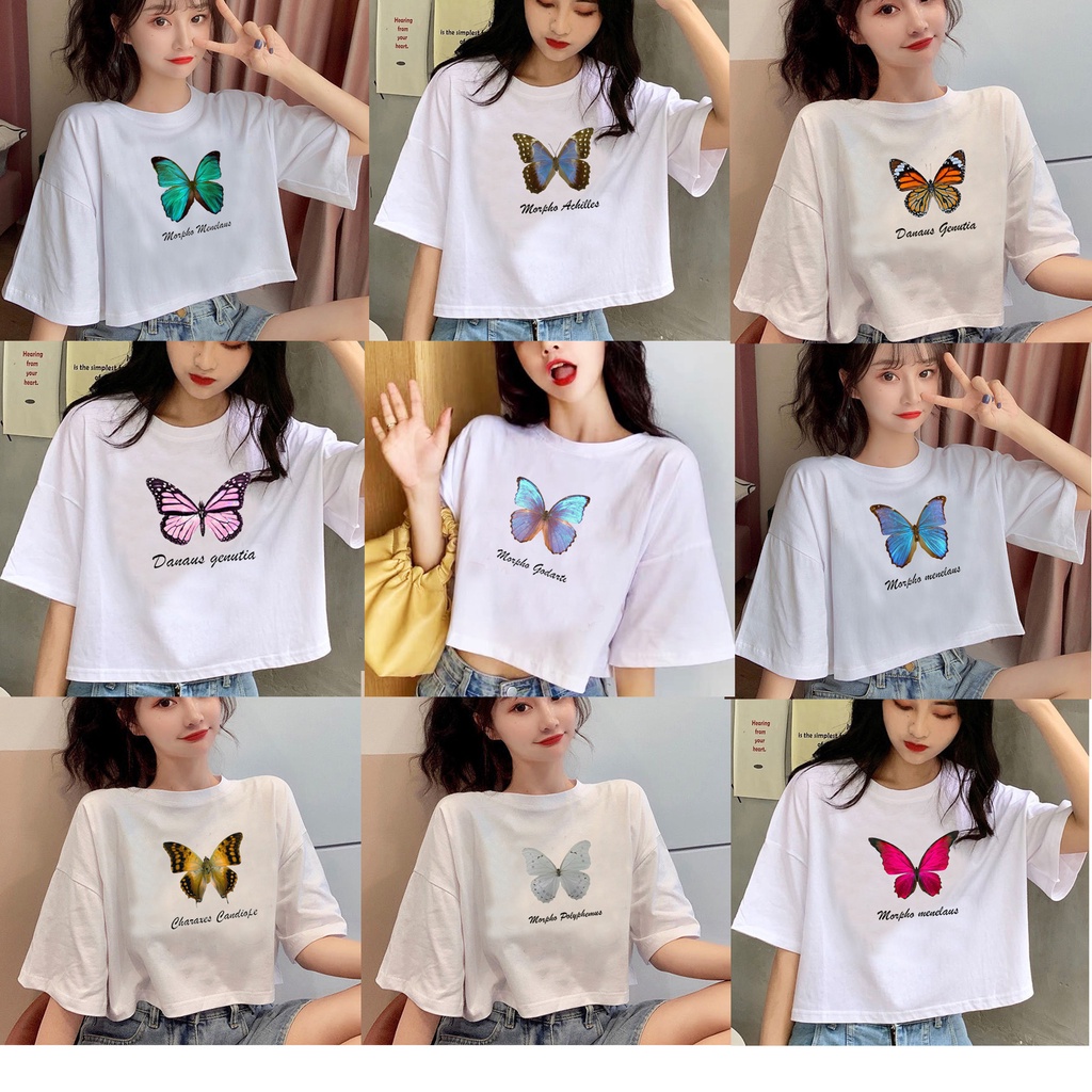 เสื้อครอป เสื้อยืดครอป โอเวอร์ไซส์ crop top oversize สีขาว ลายผีเสื้อ ไหล่ตก คอกลม เอวลอย ผ้าคอตตอน Cotton 100%